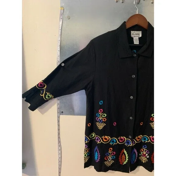 Linea by Louis Dell’Olio Linen Blend Floral Embroidered Jacket/Tunic Black M - Picture 6 of 16